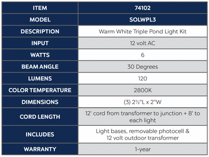 WARM WHITE TRIPLE POND LIGHT KIT - 3 WATT